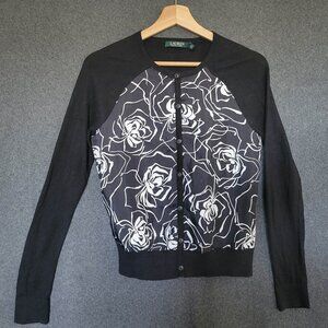 Lauren Ralph Lauren PS Black/White Career Cardigan Floral Silk Front Normcore